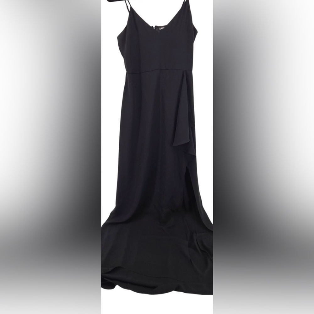 Express spaghetti straps black evening dress size 8 ruffle and slit on leg